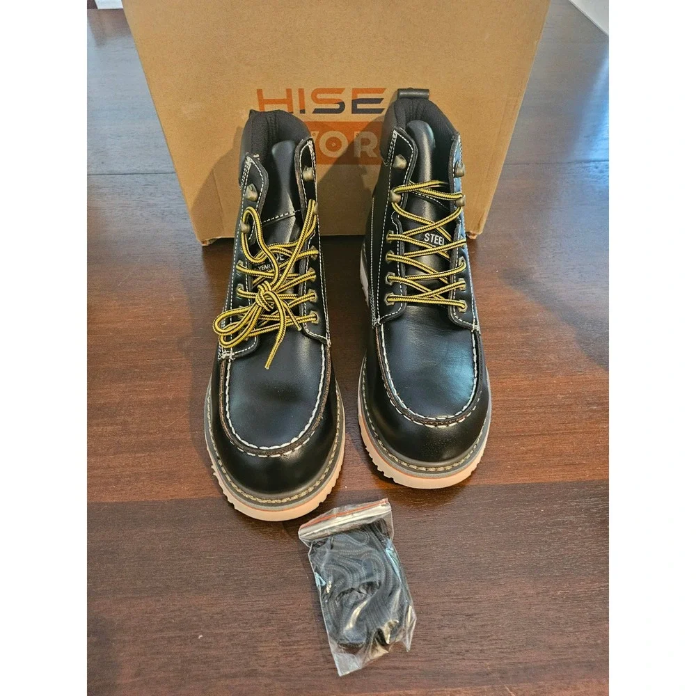 HISEA Safety Boots Men 9.5 Black Steel Toe EH Slip Resistant Work Boots